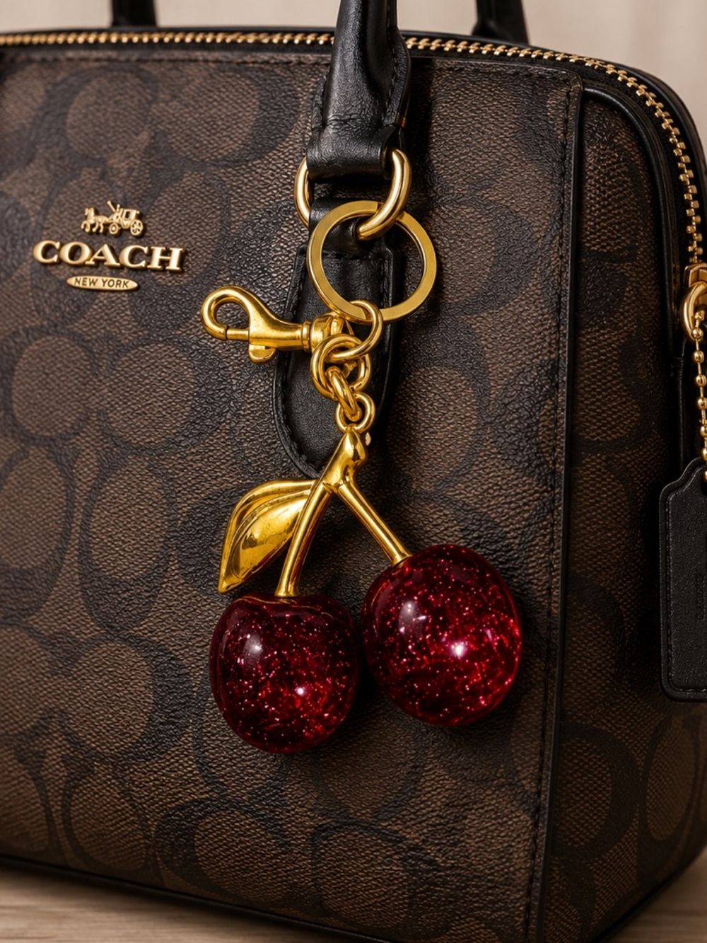 Gold Tone Cherry Keychain Bag Charm in Red